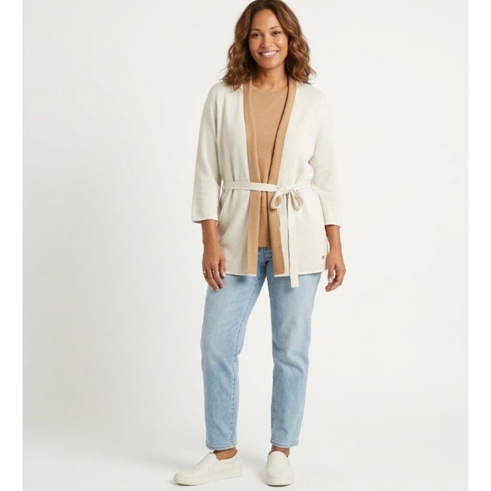 Basler White Tan Open Front Soft Knit Open Front‎ Belted Cardigan size 12 Preppy